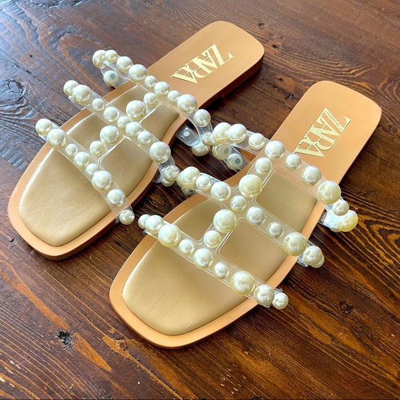 Zara Pearl Slide Sandals Size 37